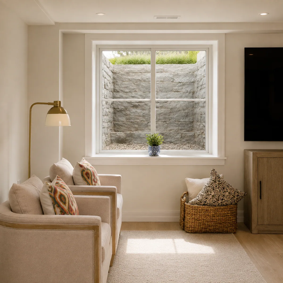 Basement sitting room with a large egress window looking onto a stone window well
