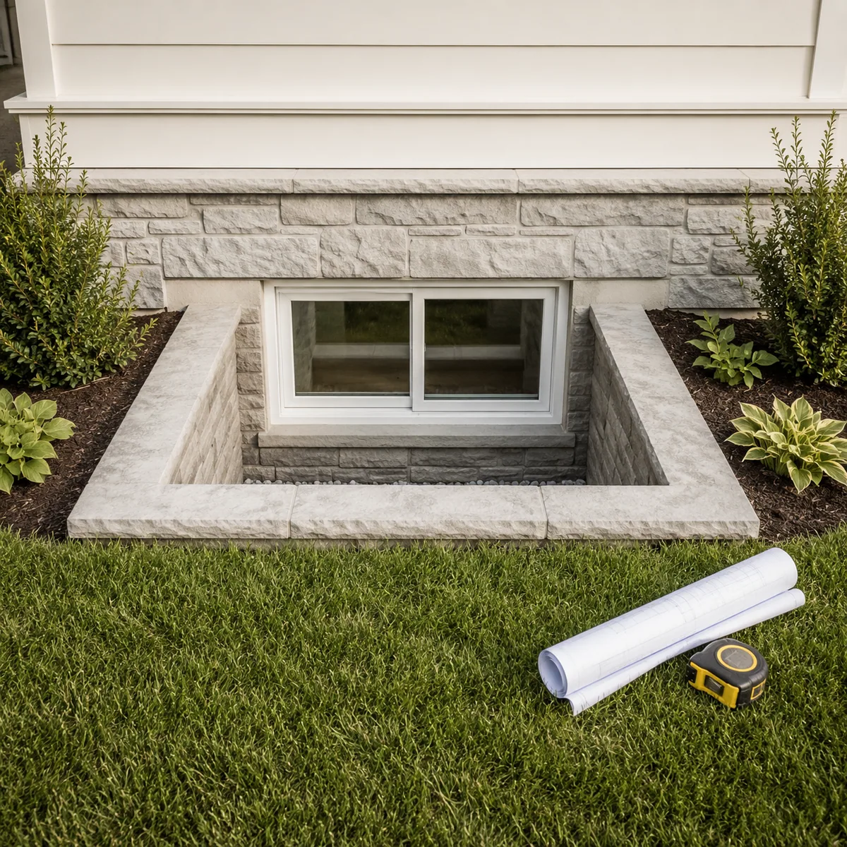 Finished stone window well with blueprints and a tape measure on the lawn