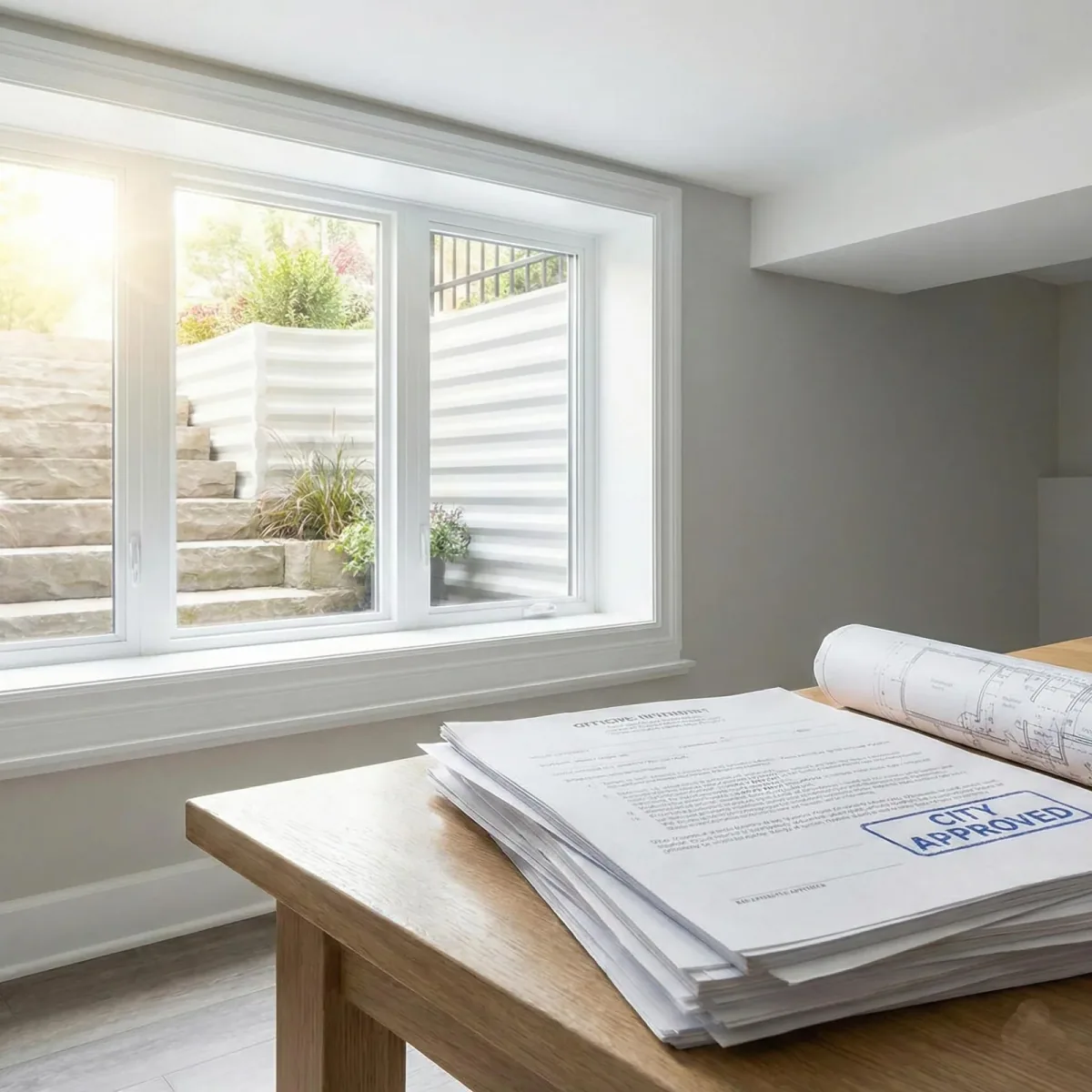 Bright basement window above a desk with city-approved permit plans