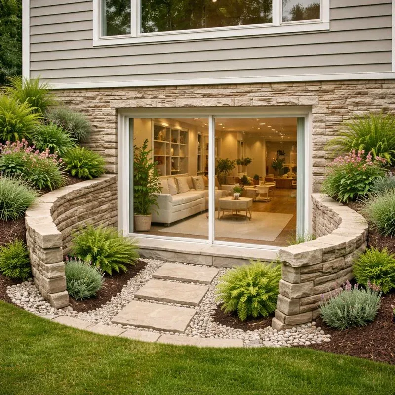Walkout basement window with a stacked-stone well and planted border