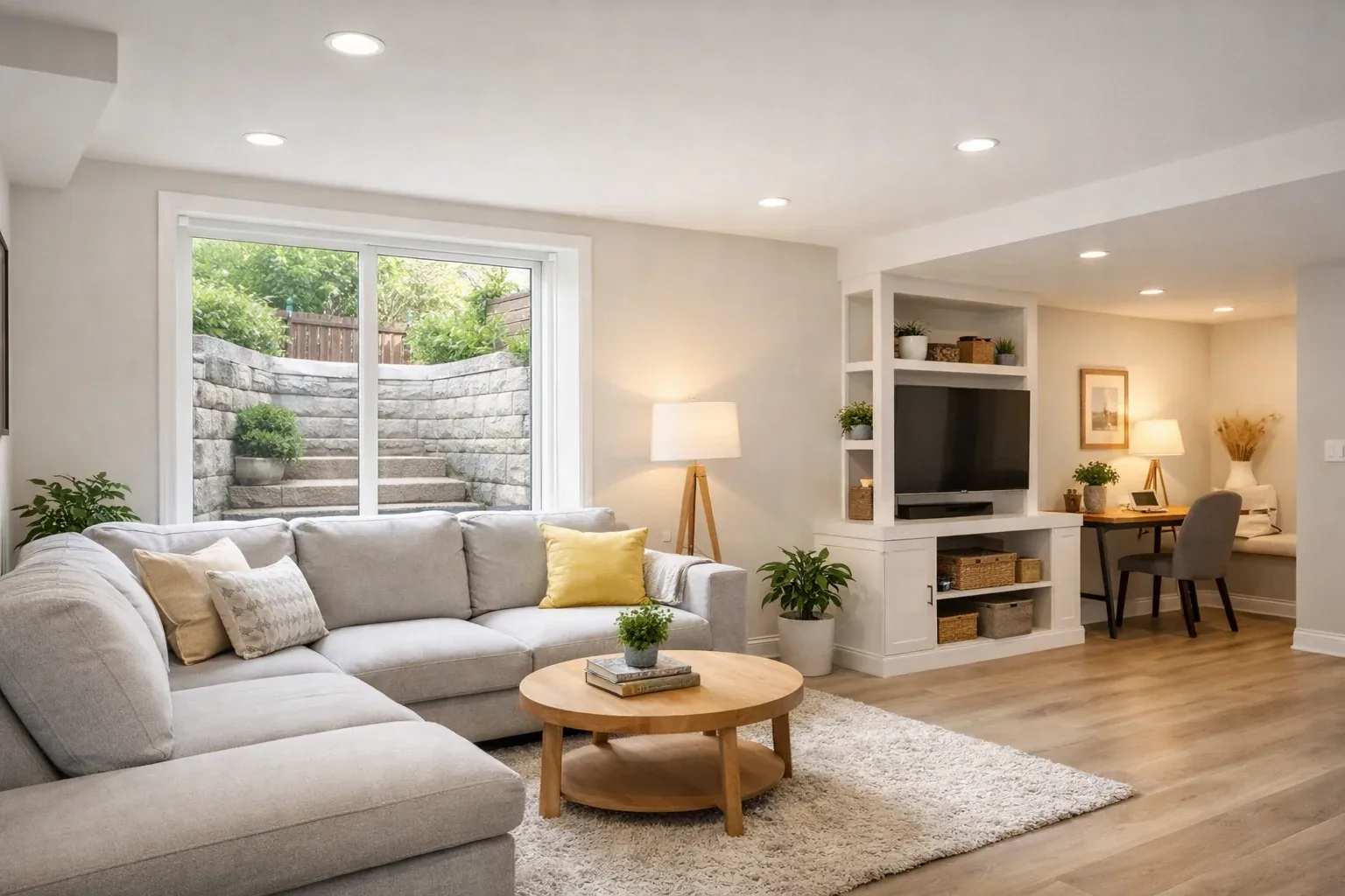 Finished basement living room with a new egress window and window well